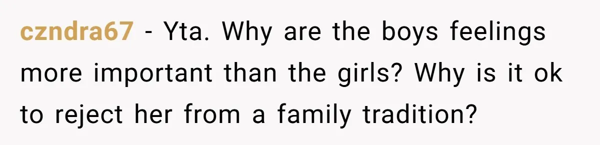 Dads Ban Niece From Fishing Trip, Get Called 'Dinosaurs' By Family czndra67 - Yta. Why are the boys feelings more important than the girls? Why is it ok to reject her from a family tradition?