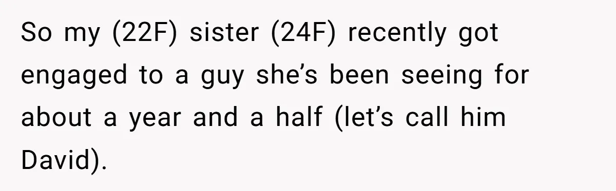 So my (22F) sister (24F) recently got engaged to a guy she’s been seeing for about a year and a half (let’s call him David).