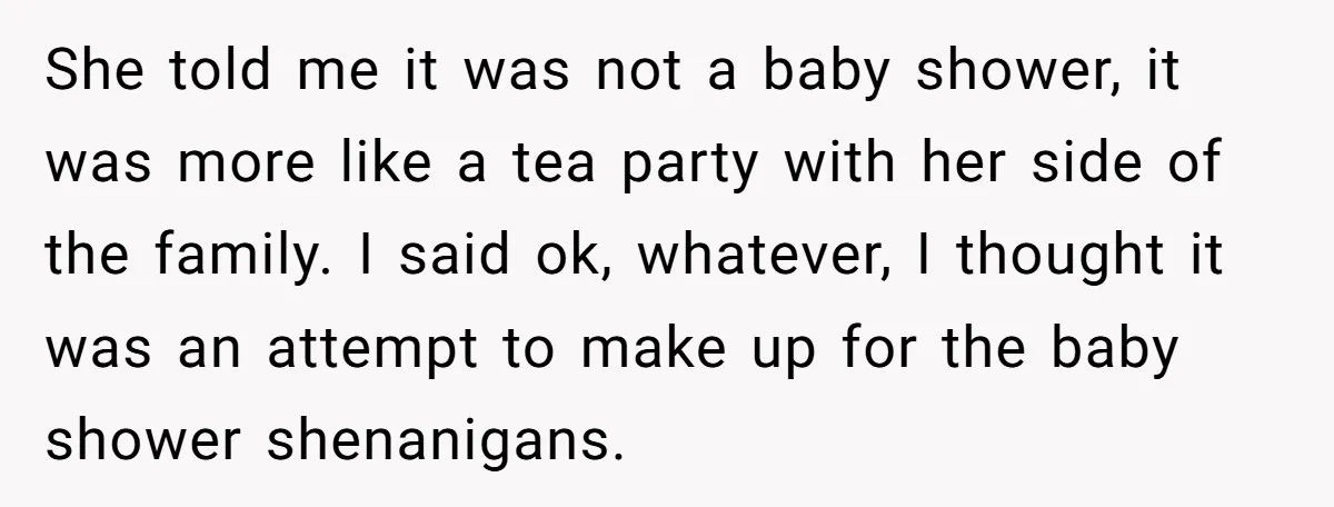 She told me it was not a baby shower, it was more like a tea party with her side of the family. I said ok, whatever, I thought it was...