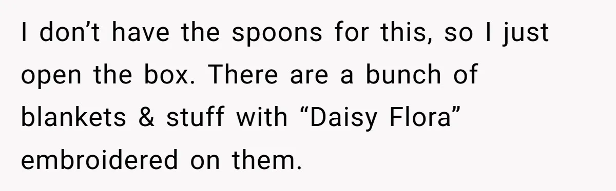 I don’t have the spoons for this, so I just open the box. There are a bunch of blankets & stuff with “Daisy Flora” embroidered on them.