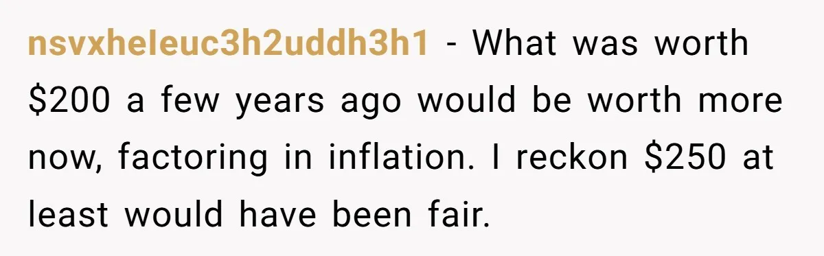nsvxheIeuc3h2uddh3h1 - What was worth $200 a few years ago would be worth more now, factoring in inflation. I reckon $250 at least would have been fair.