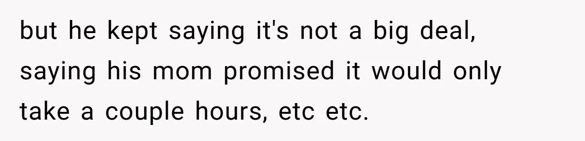 but he kept saying it's not a big deal, saying his mom promised it would only take a couple hours, etc etc.
