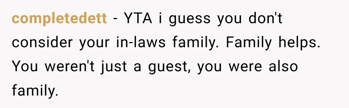 completedett - YTA i guess you don't consider your in-laws family. Family helps. You weren't just a guest, you were also family.