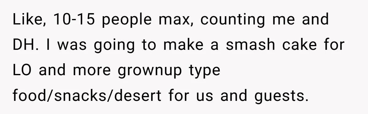 Like, 10-15 people max, counting me and DH. I was going to make a smash cake for LO and more grownup type food/snacks/desert for us and guests.