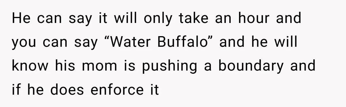 He can say it will only take an hour and you can say “Water Buffalo” and he will know his mom is pushing a boundary and if he does enforce...