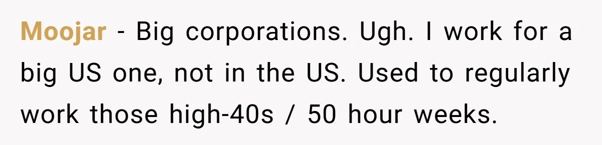 Injured Employee Silently Protests 60-Minute Lunch Break Time Policy, Outwits Clock-Watching Boss Moojar − Big corporations. Ugh. I work for a big US one, not in the US. Used to regularly work those high-40s / 50 hour weeks.