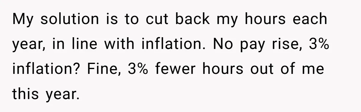 Injured Employee Silently Protests 60-Minute Lunch Break Time Policy, Outwits Clock-Watching Boss My solution is to cut back my hours each year, in line with inflation. No pay rise, 3% inflation? Fine, 3% fewer hours out of me this year.