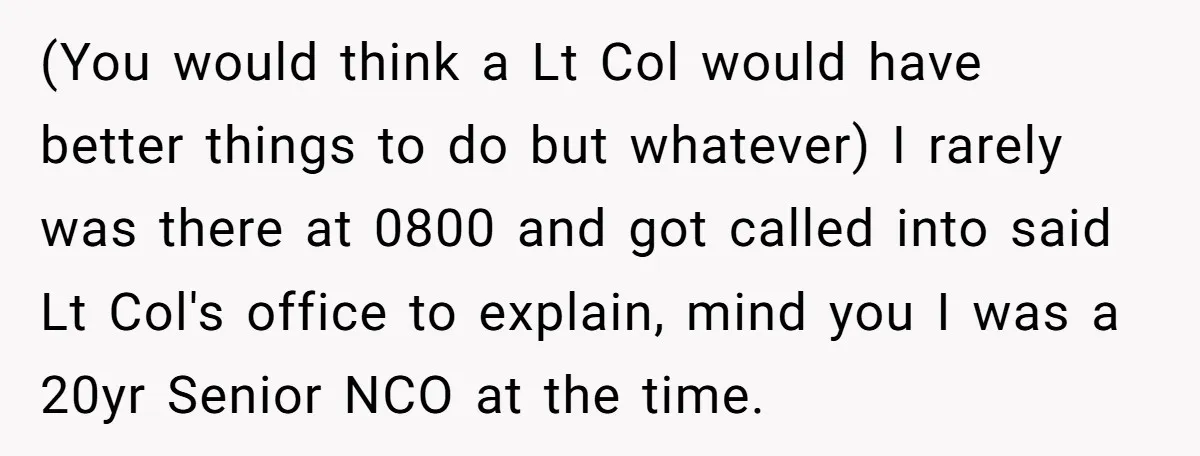 Injured Employee Silently Protests 60-Minute Lunch Break Time Policy, Outwits Clock-Watching Boss (You would think a Lt Col would have better things to do but whatever) I rarely was there at 0800 and got called into said Lt Col's office to explain,...