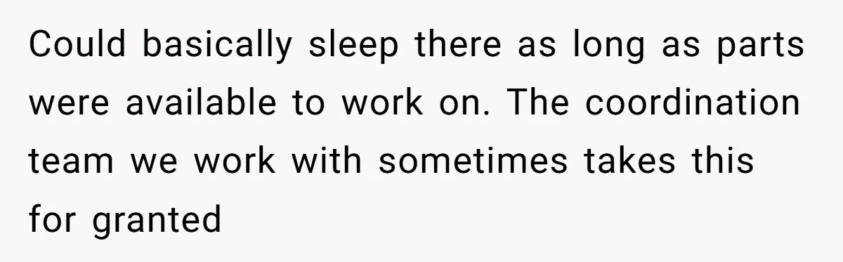 Injured Employee Silently Protests 60-Minute Lunch Break Time Policy, Outwits Clock-Watching Boss Could basically sleep there as long as parts were available to work on. The coordination team we work with sometimes takes this for granted