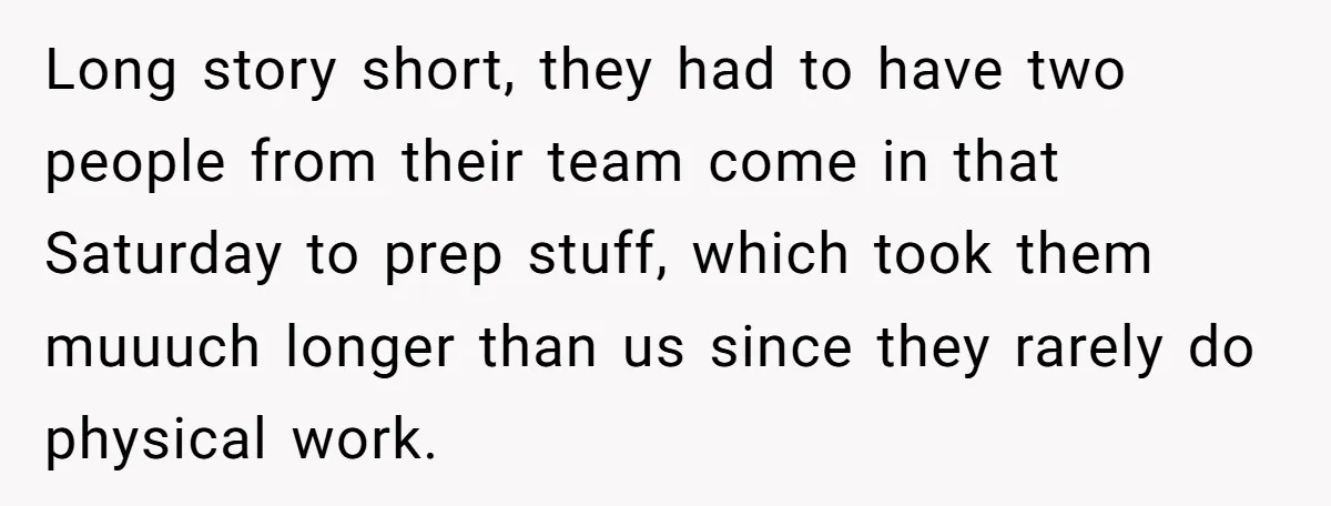Injured Employee Silently Protests 60-Minute Lunch Break Time Policy, Outwits Clock-Watching Boss Long story short, they had to have two people from their team come in that Saturday to prep stuff, which took them muuuch longer than us since they rarely do...