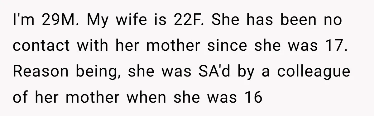 I'm 29M. My wife is 22F. She has been no contact with her mother since she was 17. Reason being, she was SA'd by a colleague of her mother when...