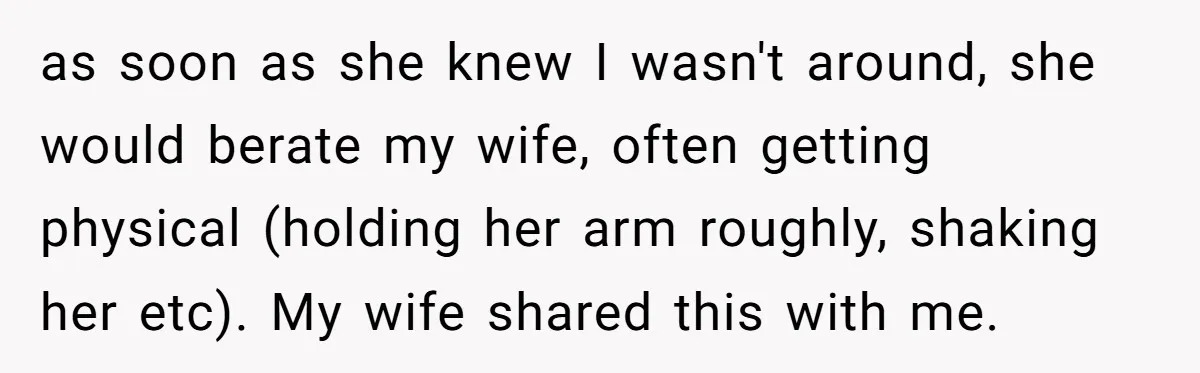 as soon as she knew I wasn't around, she would berate my wife, often getting physical (holding her arm roughly, shaking her etc). My wife shared this with me.