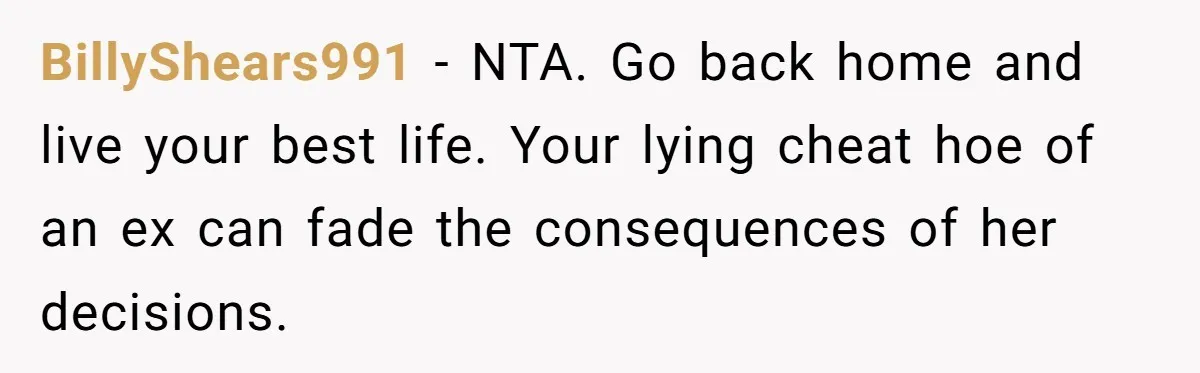 BillyShears991 - NTA. Go back home and live your best life. Your lying cheat hoe of an ex can fade the consequences of her decisions.