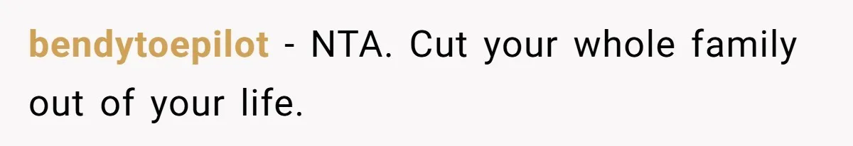 bendytoepilot − NTA. Cut your whole family out of your life.