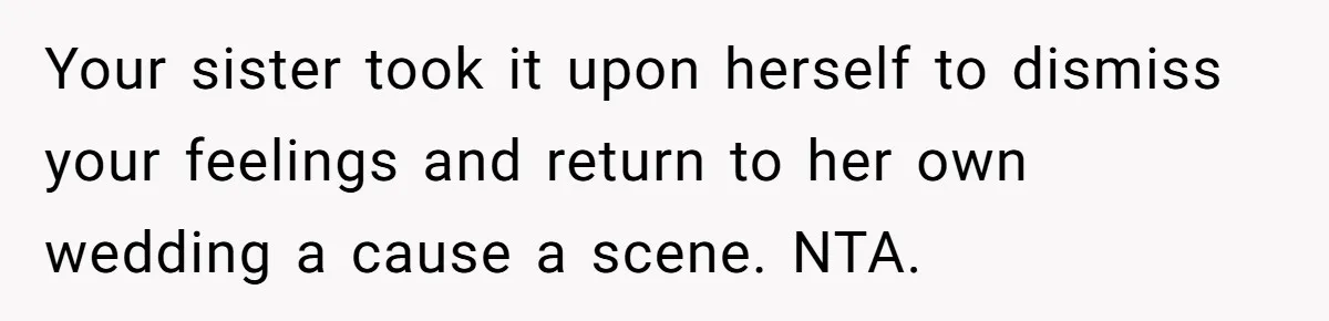 Your sister took it upon herself to dismiss your feelings and return to her own wedding a cause a scene. NTA.