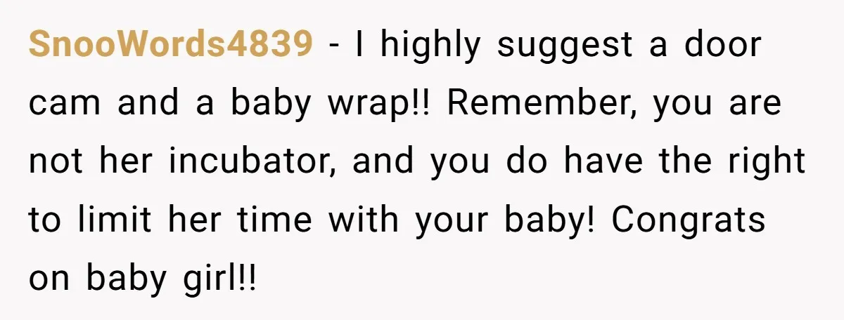 SnooWords4839 − I highly suggest a door cam and a baby wrap!! Remember, you are not her incubator, and you do have the right to limit her time with your...