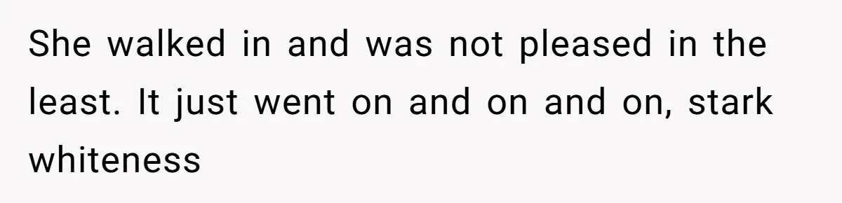 She walked in and was not pleased in the least. It just went on and on and on, stark whiteness
