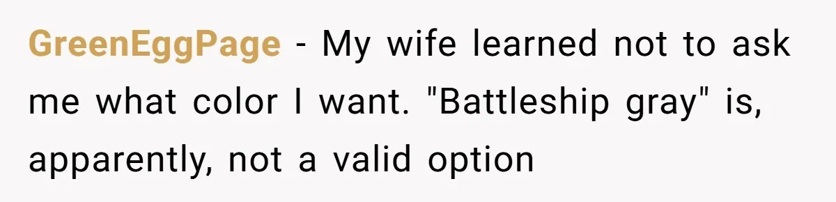 GreenEggPage − My wife learned not to ask me what color I want. "Battleship gray" is, apparently, not a valid option