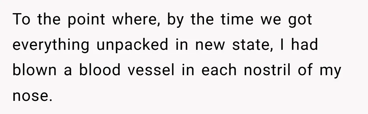 To the point where, by the time we got everything unpacked in new state, I had blown a blood vessel in each nostril of my nose.