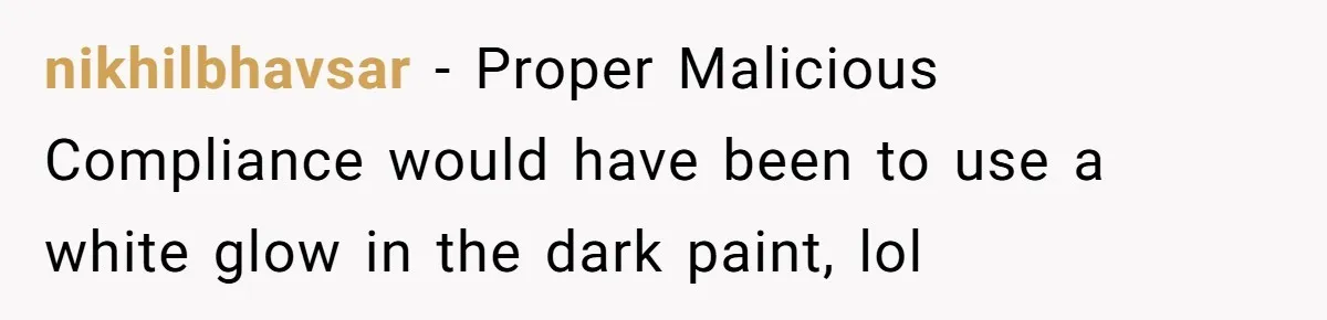 nikhilbhavsar − Proper Malicious Compliance would have been to use a white glow in the dark paint, lol