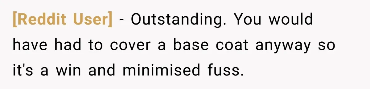 [Reddit User] − Outstanding. You would have had to cover a base coat anyway so it's a win and minimised fuss.