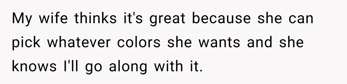 My wife thinks it's great because she can pick whatever colors she wants and she knows I'll go along with it.