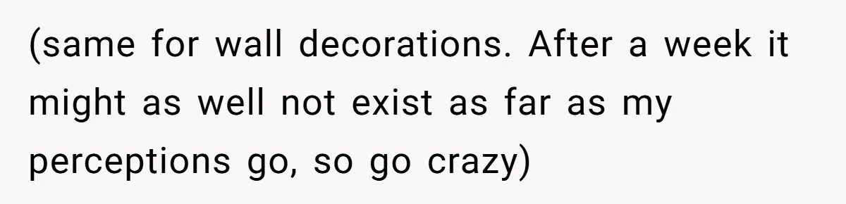 (same for wall decorations. After a week it might as well not exist as far as my perceptions go, so go crazy)
