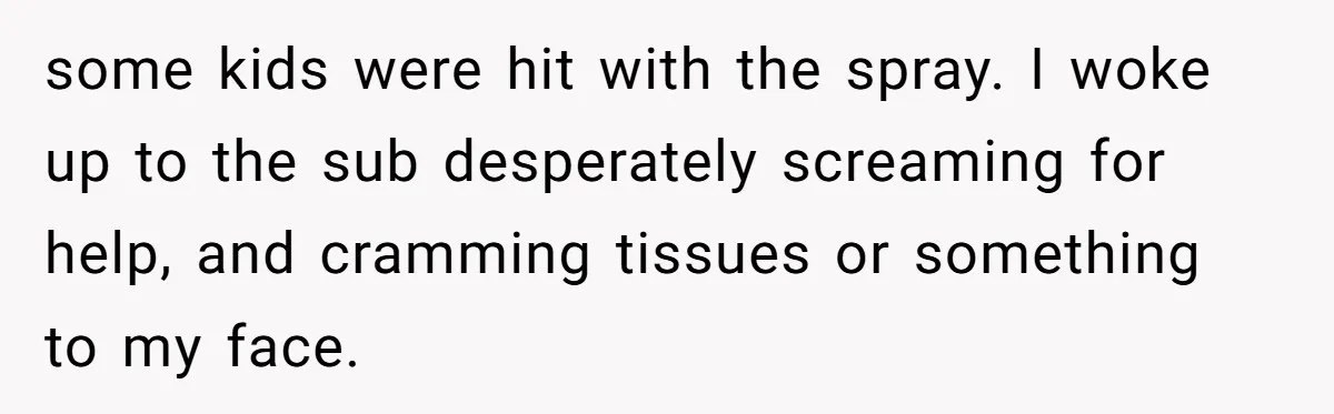 some kids were hit with the spray. I woke up to the sub desperately screaming for help, and cramming tissues or something to my face.