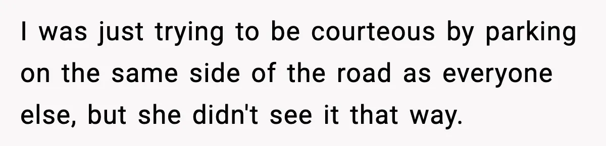 I was just trying to be courteous by parking on the same side of the road as everyone else, but she didn't see it that way.