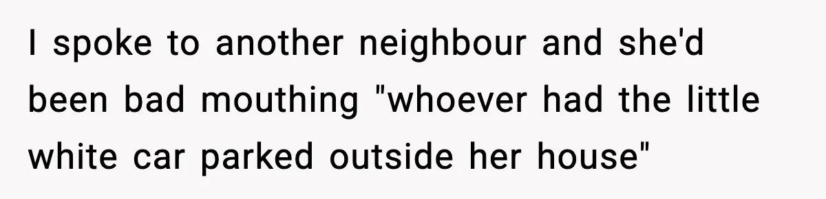 I spoke to another neighbour and she'd been bad mouthing "whoever had the little white car parked outside her house"