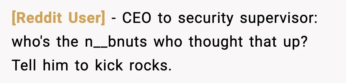[Reddit User] − CEO to security supervisor: who's the n__bnuts who thought that up? Tell him to kick rocks.