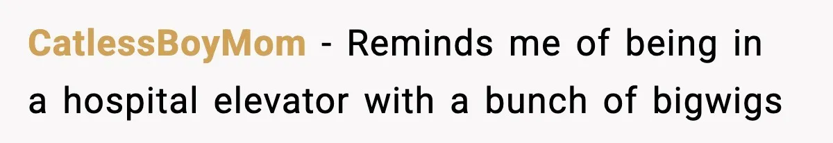 CatlessBoyMom − Reminds me of being in a hospital elevator with a bunch of bigwigs