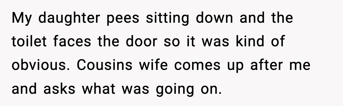 My daughter pees sitting down and the toilet faces the door so it was kind of obvious. Cousins wife comes up after me and asks what was going on.