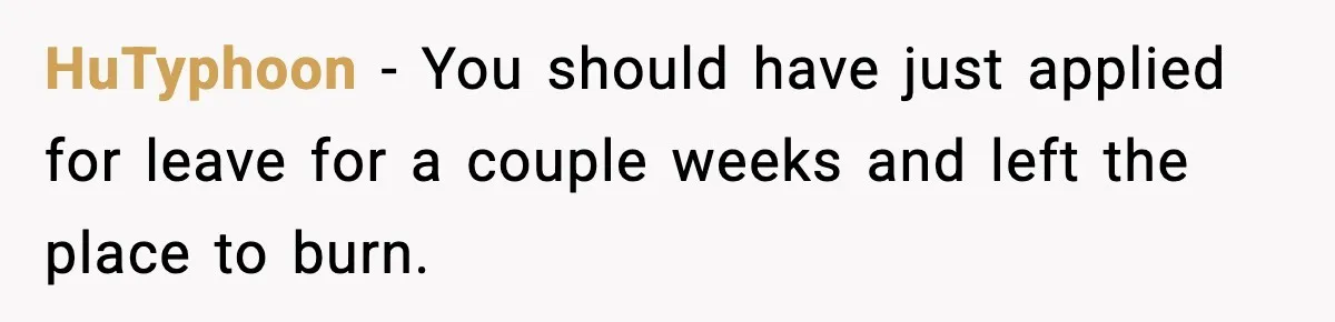 IT Removes His Admin Access, Then Panics When He Hands Them 30 Hours Of Work They Must Now Do HuTyphoon − You should have just applied for leave for a couple weeks and left the place to burn.