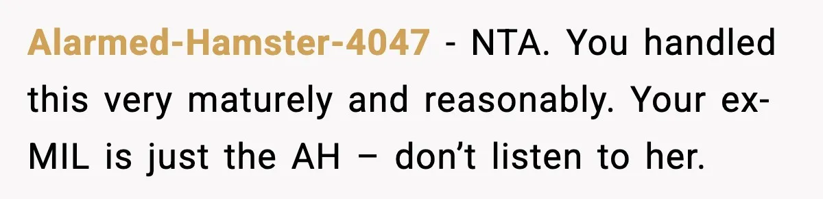 Alarmed-Hamster-4047 - NTA. You handled this very maturely and reasonably. Your ex-MIL is just the AH – don’t listen to her.