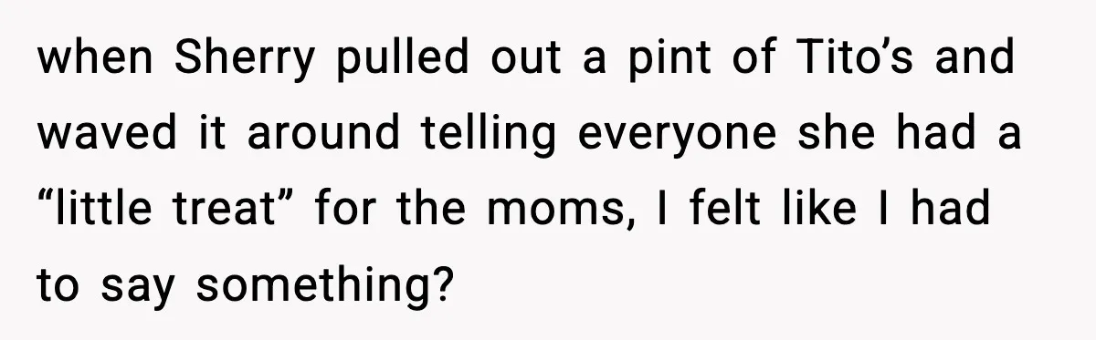 when Sherry pulled out a pint of Tito’s and waved it around telling everyone she had a “little treat” for the moms, I felt like I had to say something?
