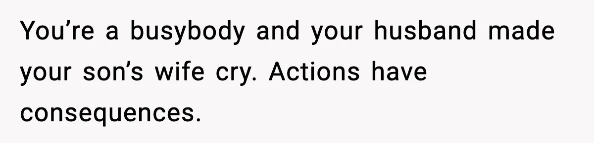 You’re a busybody and your husband made your son’s wife cry. Actions have consequences.