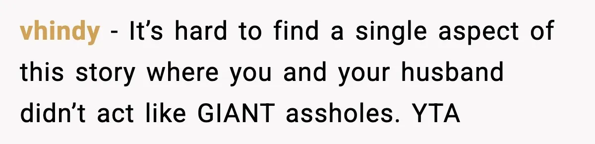 vhindy − It’s hard to find a single aspect of this story where you and your husband didn’t act like GIANT assholes. YTA