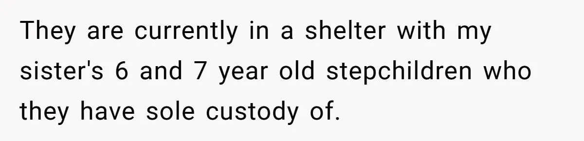 They are currently in a shelter with my sister's 6 and 7 year old stepchildren who they have sole custody of.