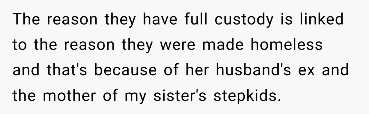 The reason they have full custody is linked to the reason they were made homeless and that's because of her husband's ex and the mother of my sister's stepkids.
