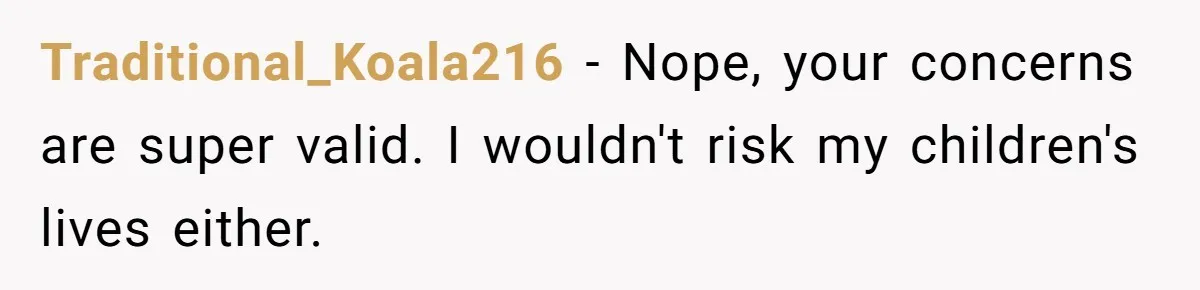 Traditional_Koala216 − Nope, your concerns are super valid. I wouldn't risk my children's lives either.