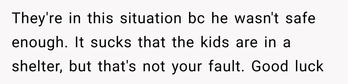 They're in this situation bc he wasn't safe enough. It sucks that the kids are in a shelter, but that's not your fault. Good luck
