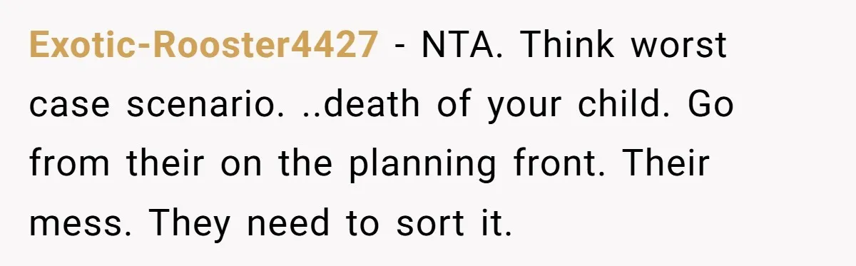 Exotic-Rooster4427 − NTA. Think worst case scenario. ..death of your child. Go from their on the planning front. Their mess. They need to sort it.