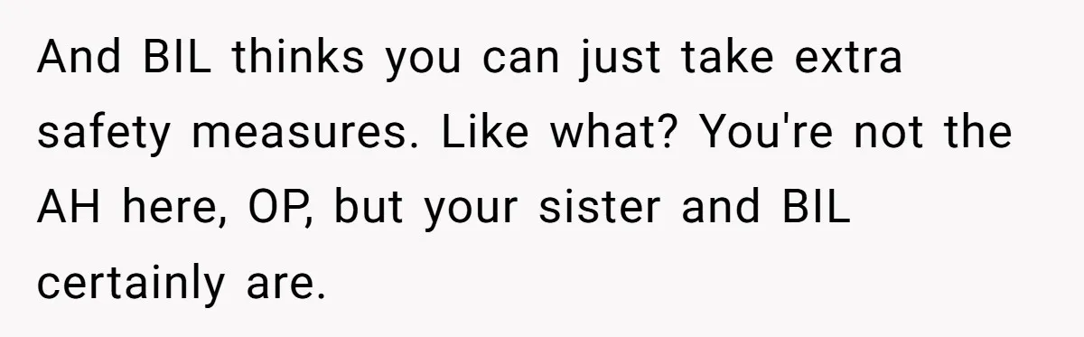 And BIL thinks you can just take extra safety measures. Like what? You're not the AH here, OP, but your sister and BIL certainly are.