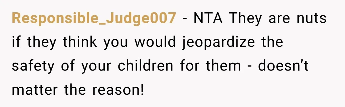 Responsible_Judge007 − NTA They are nuts if they think you would jeopardize the safety of your children for them - doesn’t matter the reason!