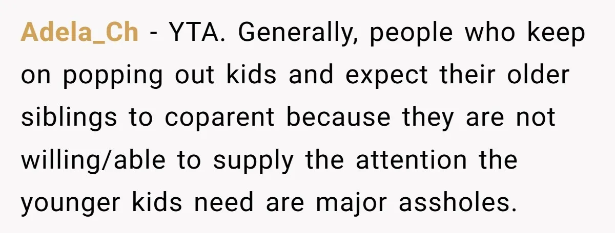 Adela_Ch − YTA. Generally, people who keep on popping out kids and expect their older siblings to coparent because they are not willing/able to supply the attention the younger kids...