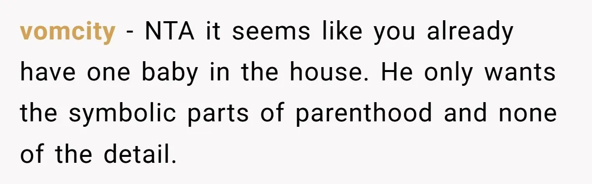 vomcity − NTA it seems like you already have one baby in the house. He only wants the symbolic parts of parenthood and none of the detail.
