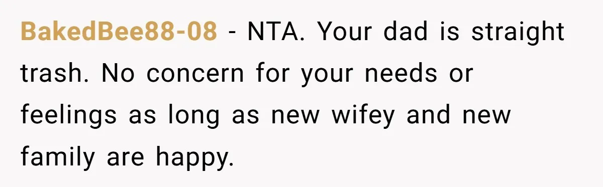 BakedBee88-08 − NTA. Your dad is straight trash. No concern for your needs or feelings as long as new wifey and new family are happy.
