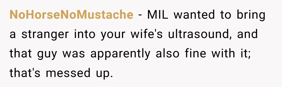 NoHorseNoMustache − MIL wanted to bring a stranger into your wife's ultrasound, and that guy was apparently also fine with it; that's messed up.