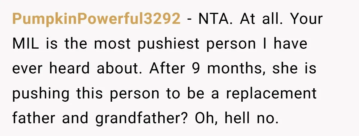 PumpkinPowerful3292 − NTA. At all. Your MIL is the most pushiest person I have ever heard about. After 9 months, she is pushing this person to be a replacement father...